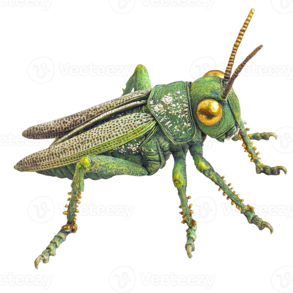 Green Grasshopper with Golden Eyes on transparent background. png