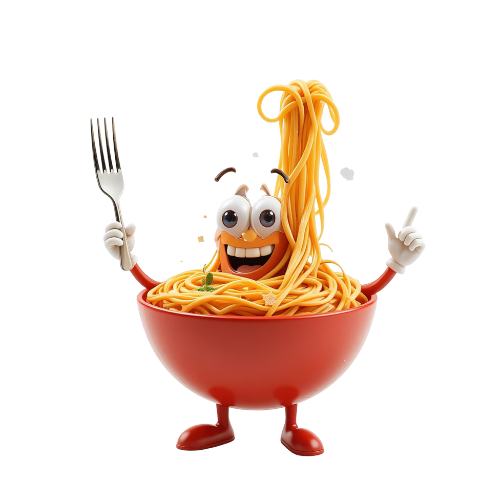 Happy Spaghetti Bowl Character Holding Fork Isolated on Transparent Background png