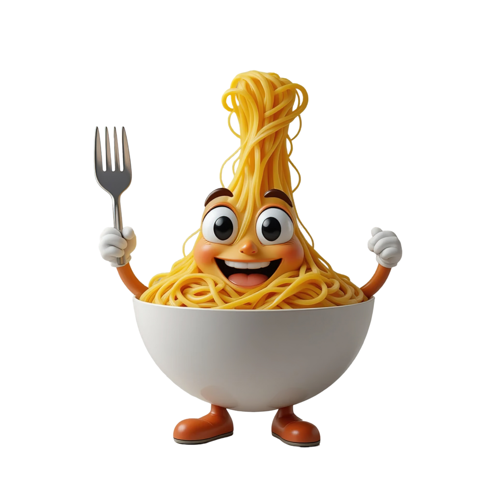 Happy Spaghetti Character Holds Fork In Bowl Isolated on Transparent Background png