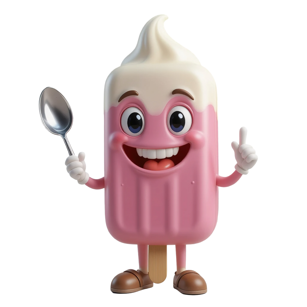Happy Pink Popsicle Cartoon Character Holding Spoon Isolated on Transparent Background png