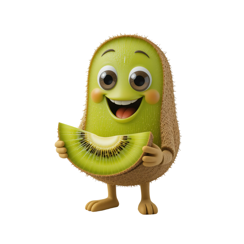 Happy Kiwi Character Holding A Slice Of Kiwi Fruit Isolated on Transparent Background png