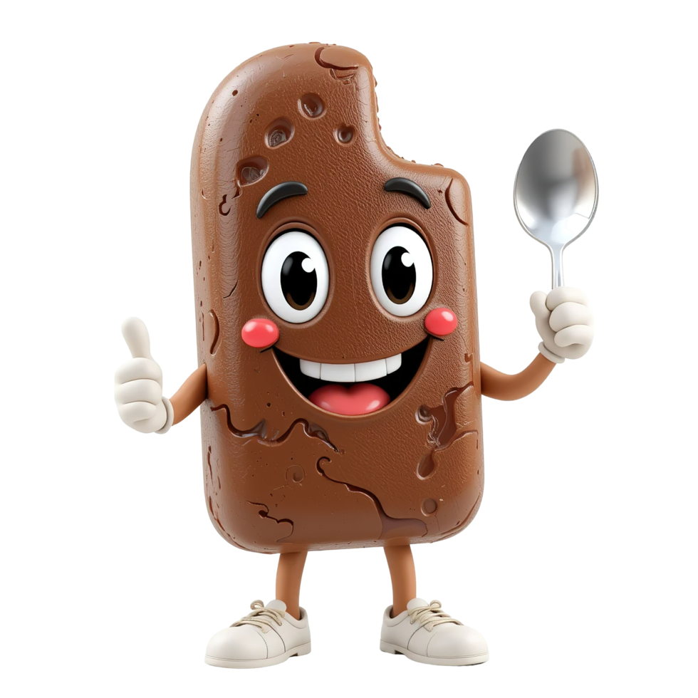 Happy Chocolate Bar Character Holds Spoon Isolated on Transparent Background png