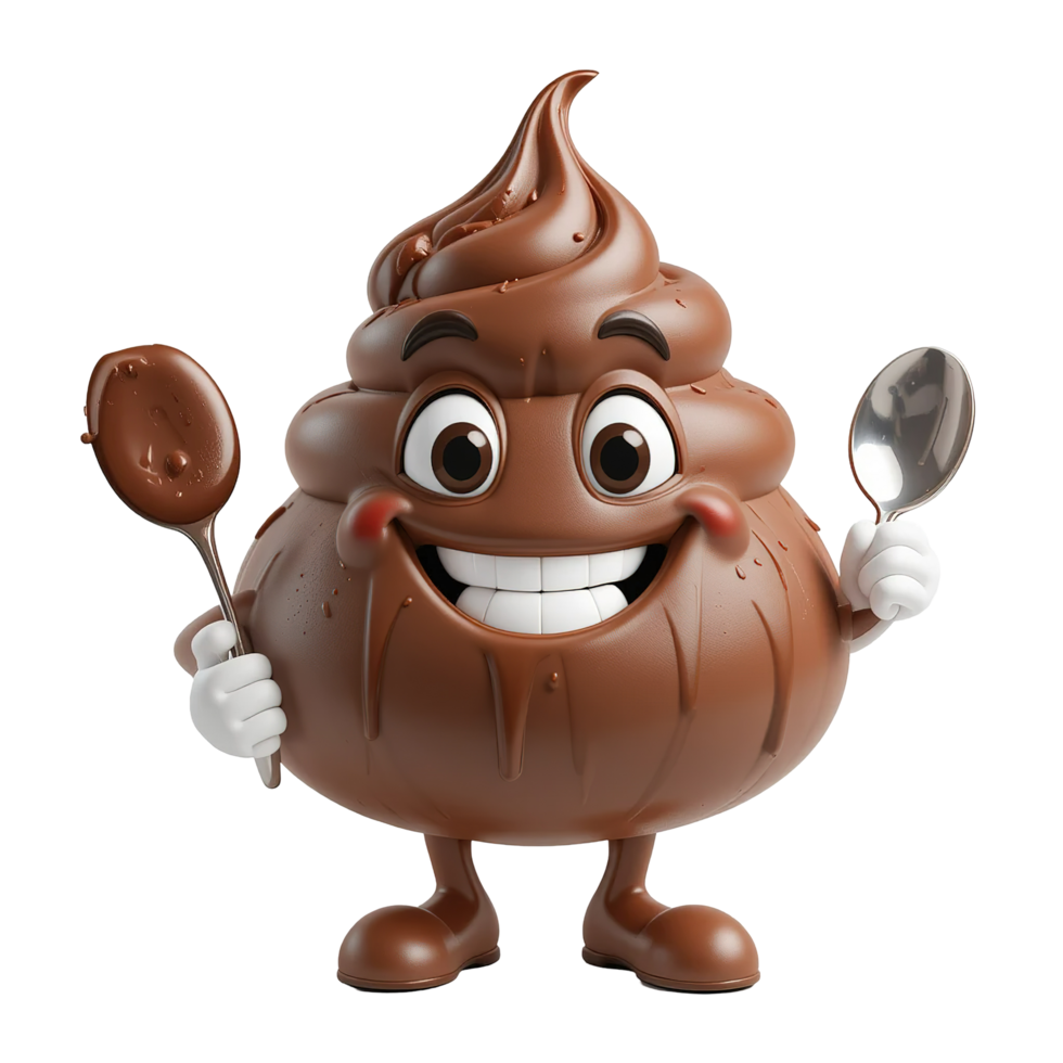 Happy Chocolate Poop Character Holds Spoons Isolated on Transparent Background png