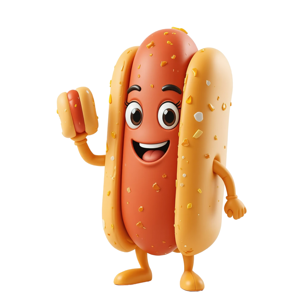 A happy hot dog cartoon character holds a small hot dog Isolated on Transparent Background png