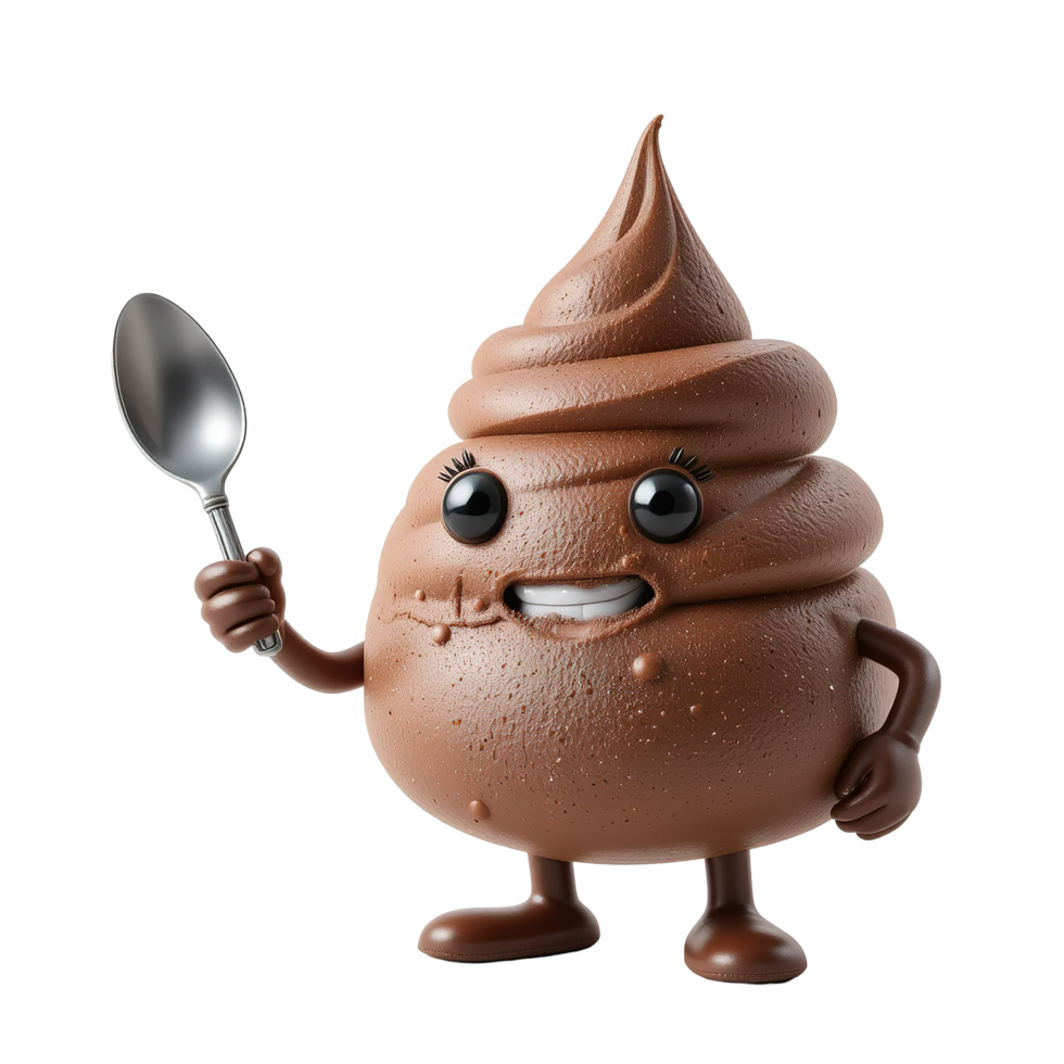 Chocolate Poop Character Holds Spoon Delightfully Isolated on Transparent Background png