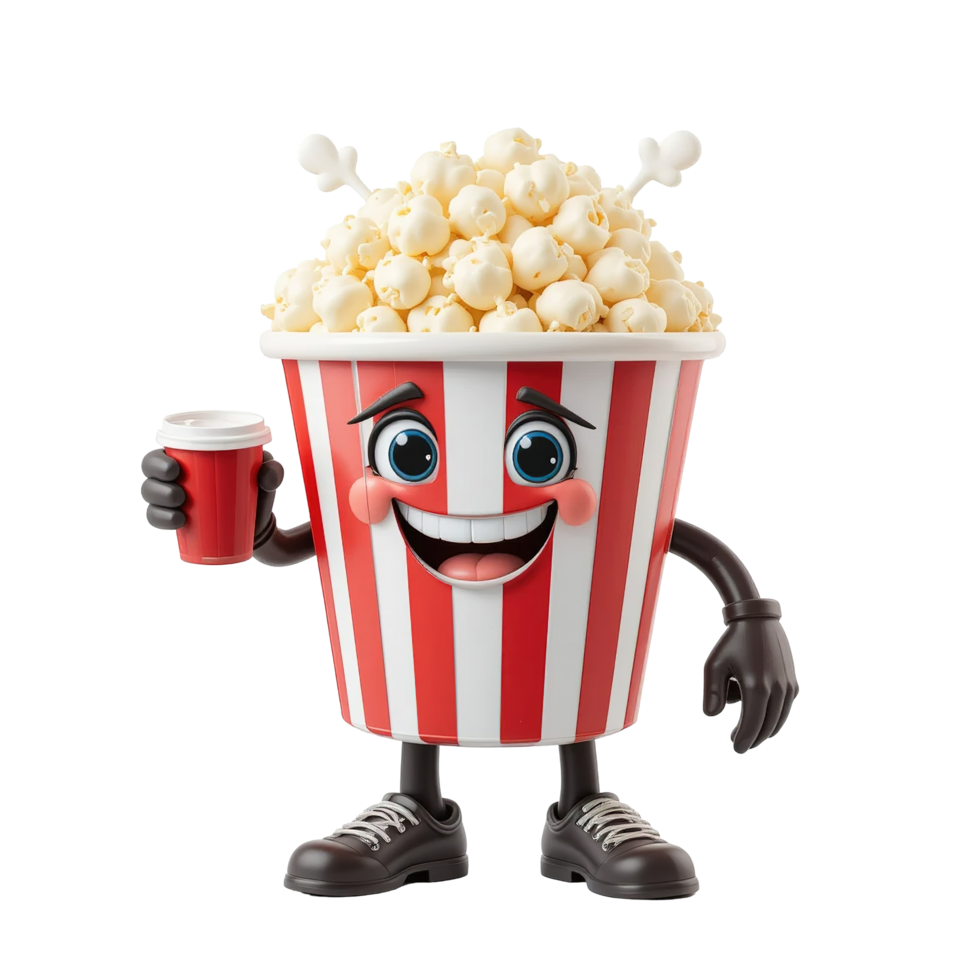 Happy Popcorn Character Holding a Drink Isolated on Transparent Background png