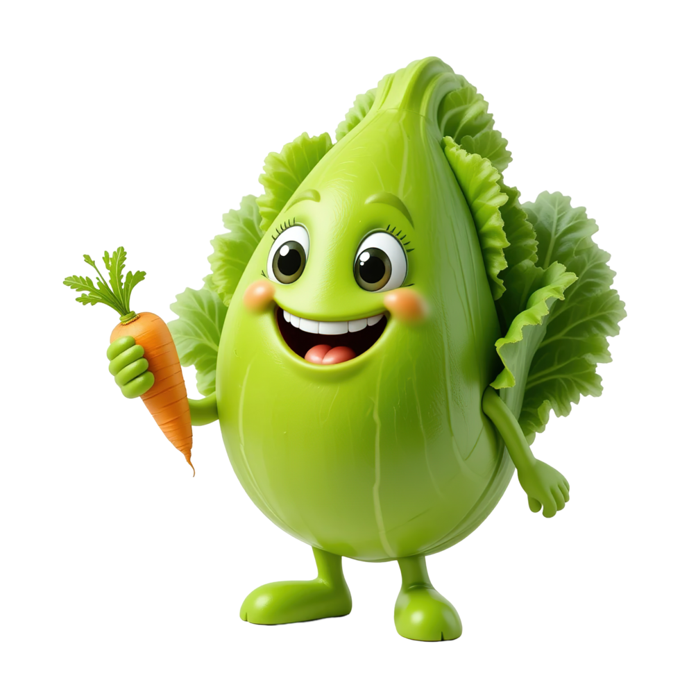 Happy Cabbage Cartoon Character Holding Carrot, Isolated on Transparent Background png