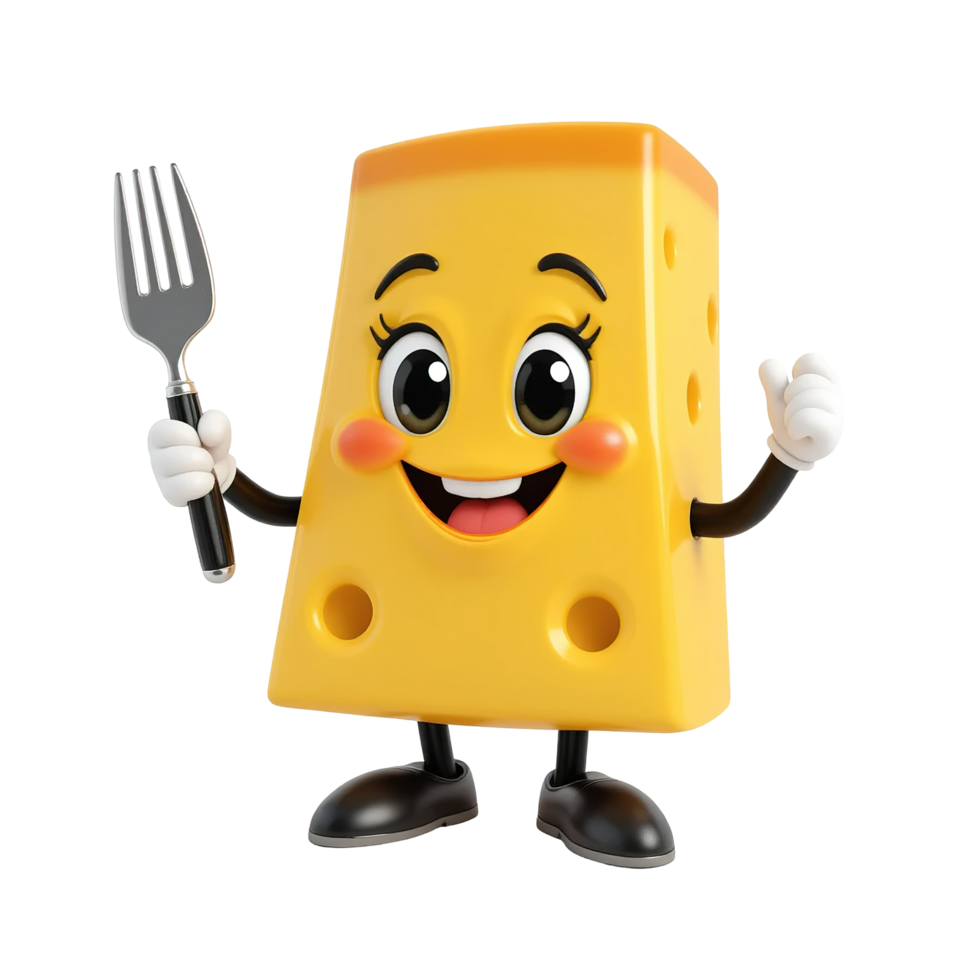 Happy Cheese Character Holds Fork Smiling Isolated on Transparent Background png