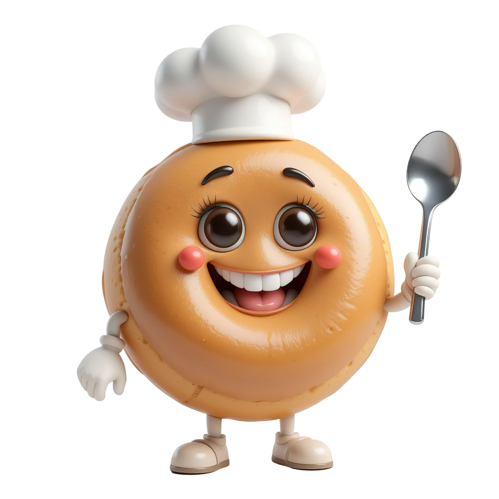 A happy bagel chef holds a spoon happily Isolated on Transparent Background png