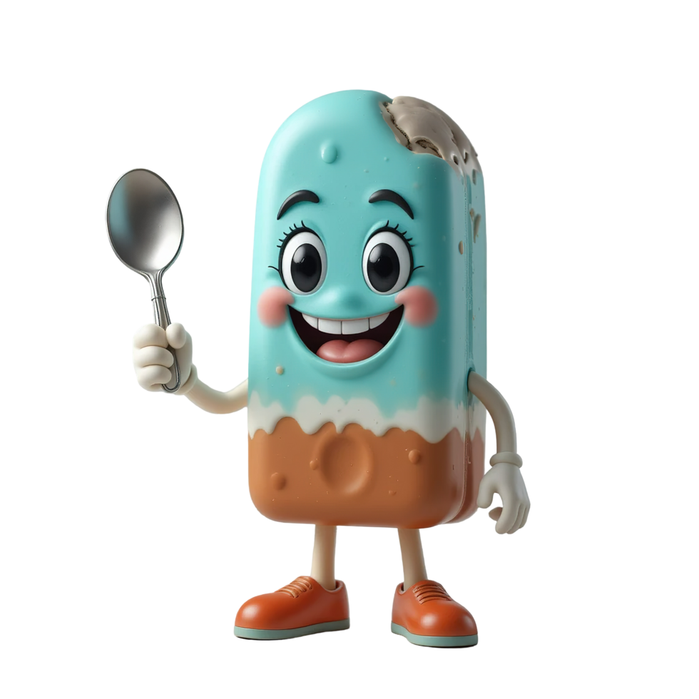 Happy Ice Cream Popsicle Cartoon Character Holding Spoon Isolated on Transparent Background png