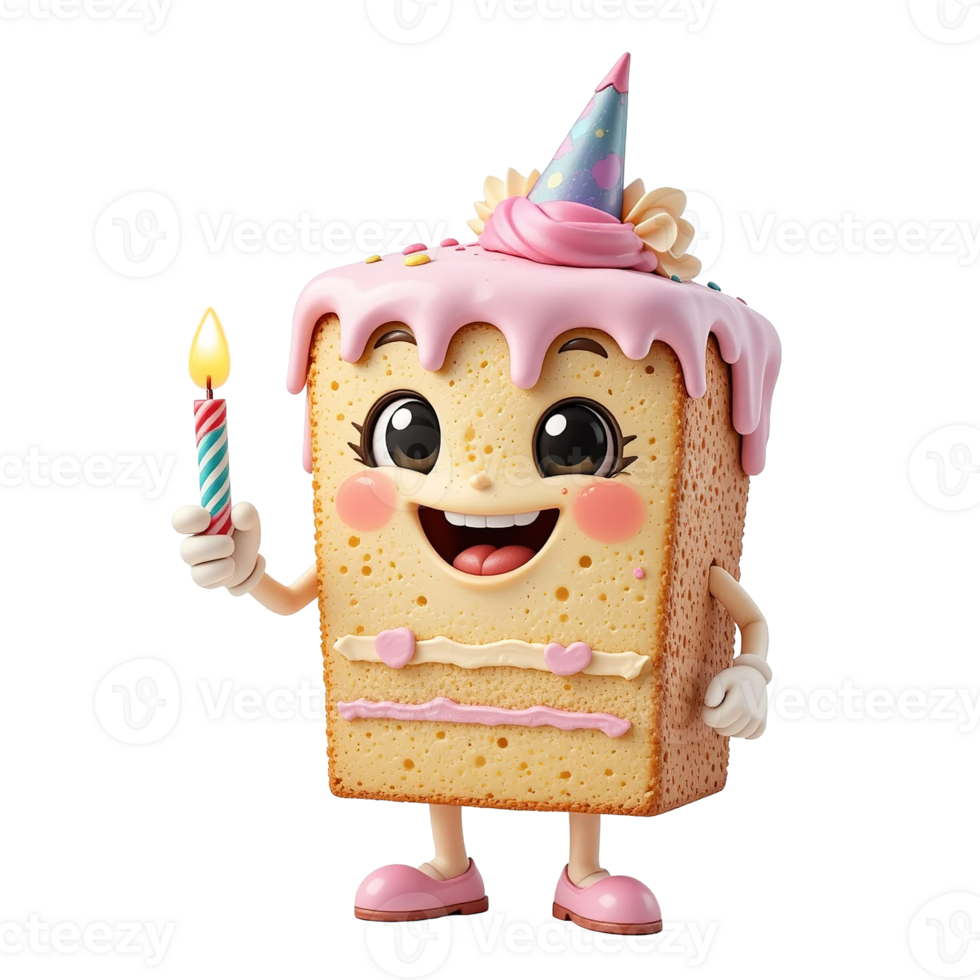Happy Birthday Cake Character Holds Candle Isolated on Transparent Background png
