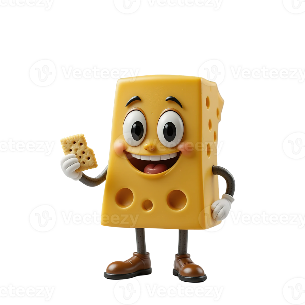 Happy Cheese Character Eats Crunchy Cracker Snack Isolated on Transparent Background png