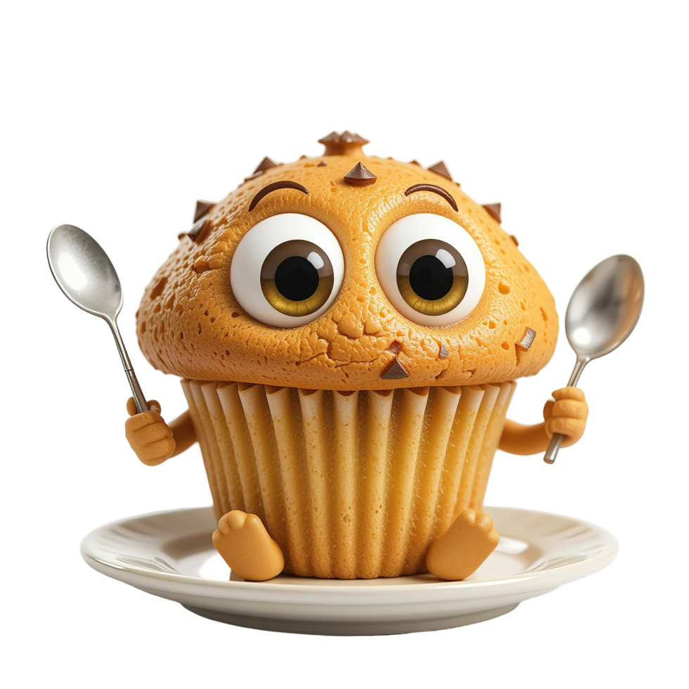 A Cute Cartoon Muffin Enjoys Its Meal With Spoons Isolated on Transparent Background png