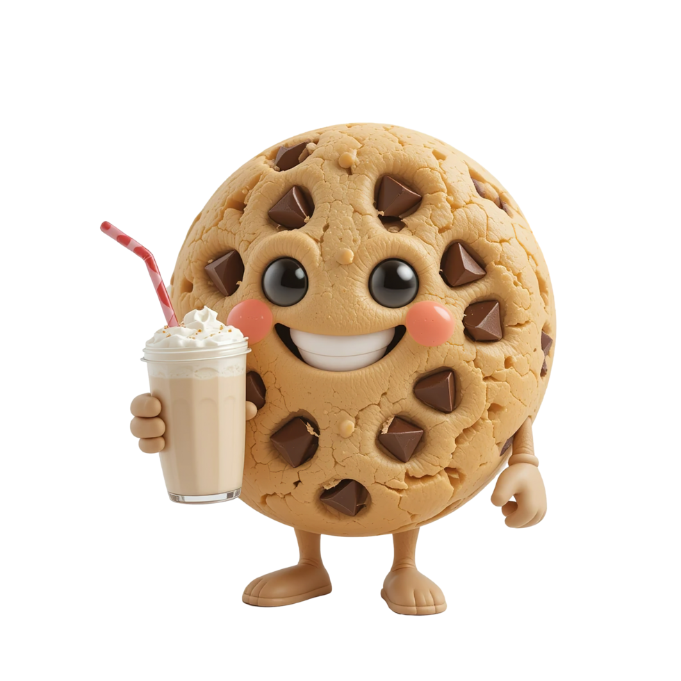 Happy Chocolate Chip Cookie Enjoys A Creamy Milkshake Isolated on Transparent Background png