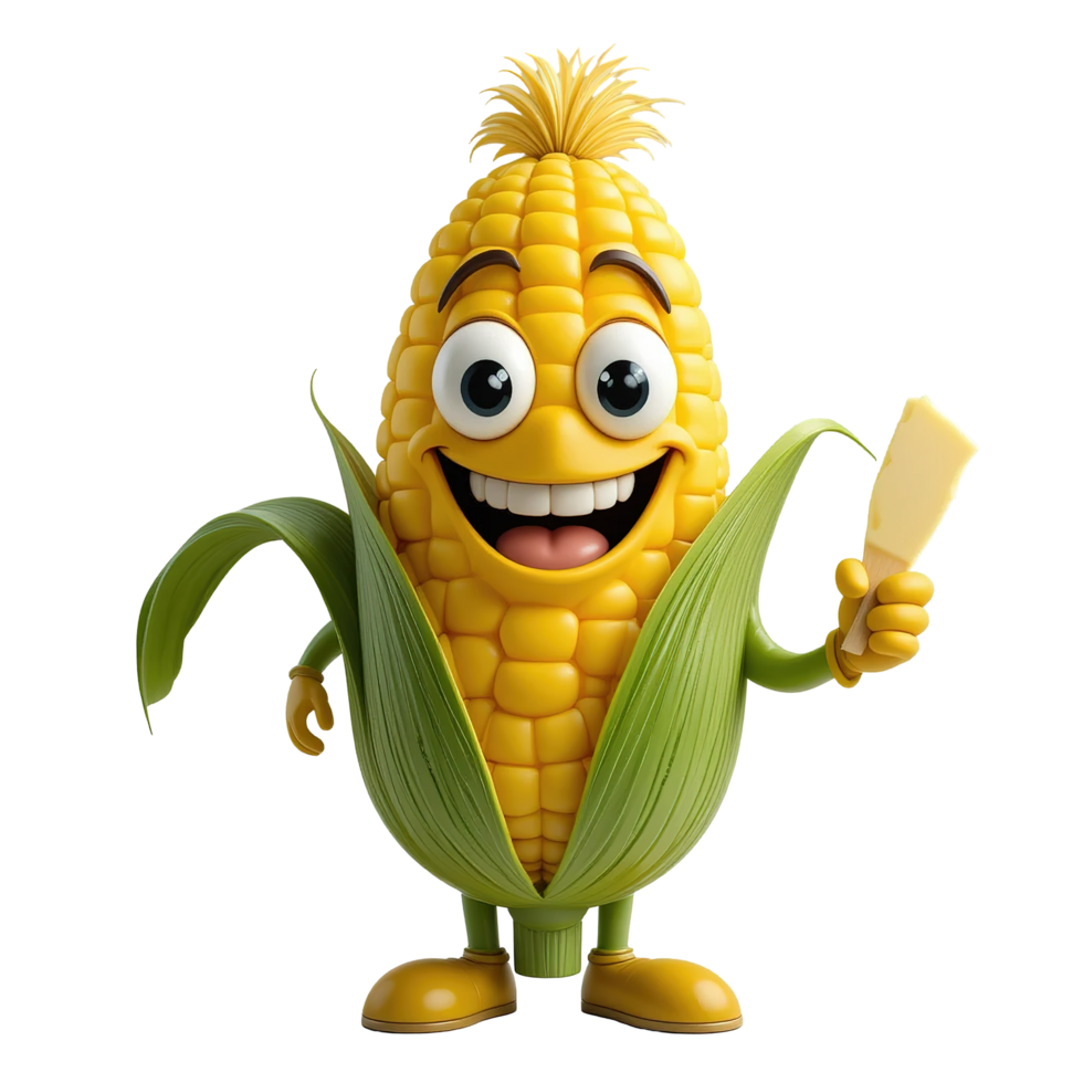 Happy Corn Cob Cartoon Character Holding Butter Isolated on Transparent Background png