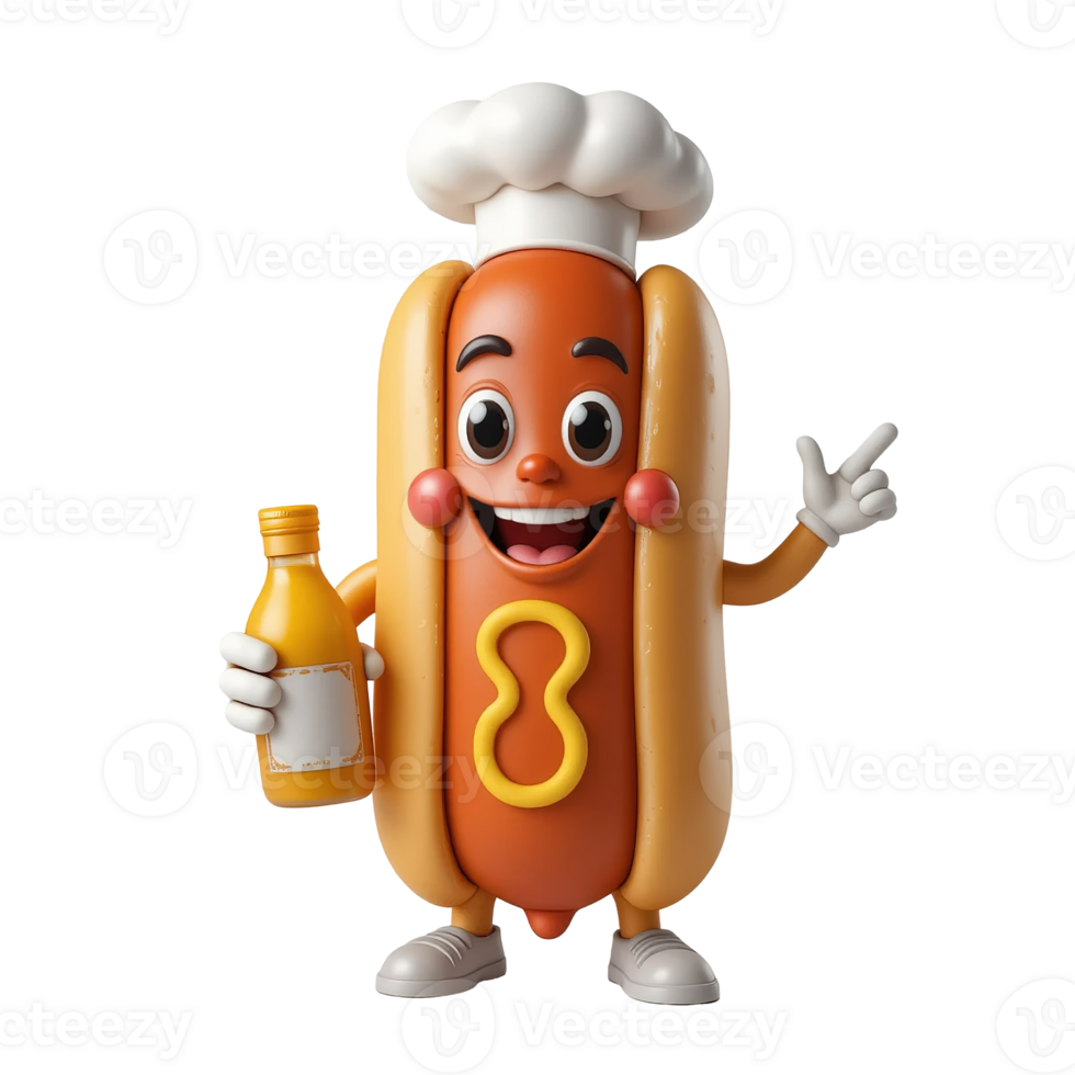 A happy hot dog chef holds a bottle of mustard Isolated on Transparent Background png