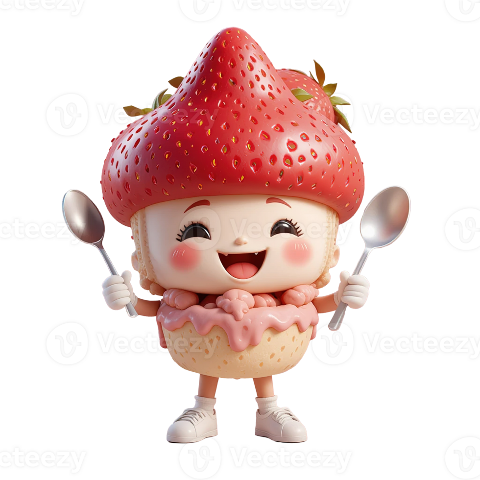 Adorable Strawberry Cake Character Holds Spoons Isolated on Transparent Background png