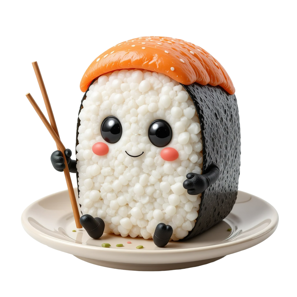 Adorable Sushi Character Holds Chopsticks On Plate Isolated on Transparent Background png