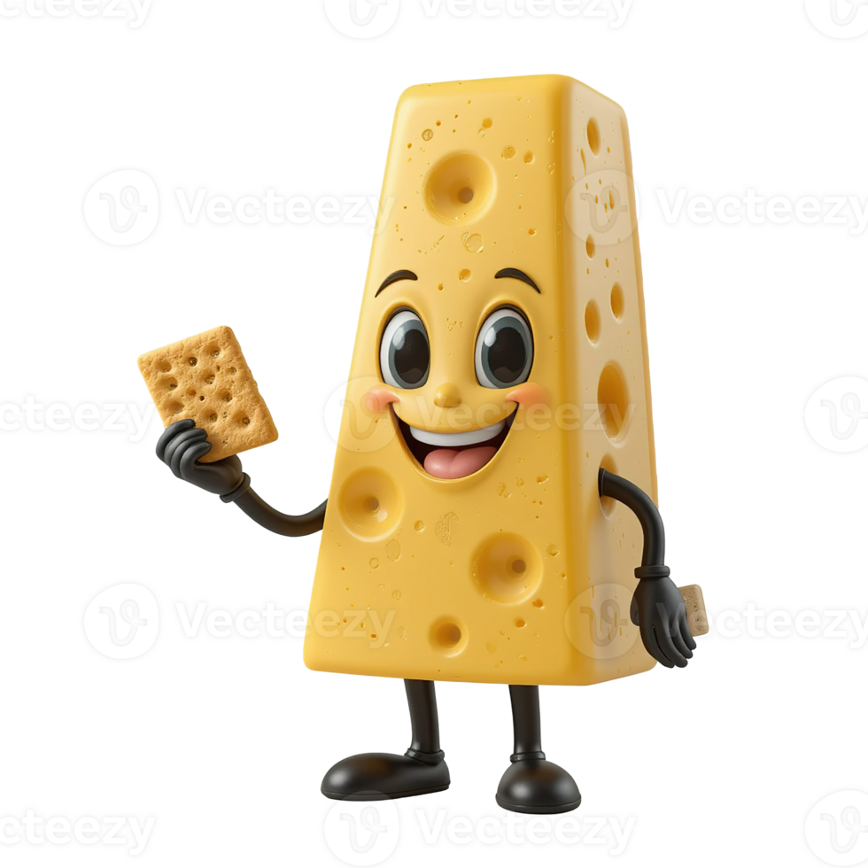 A happy cheese character holds a cracker Isolated on Transparent Background png