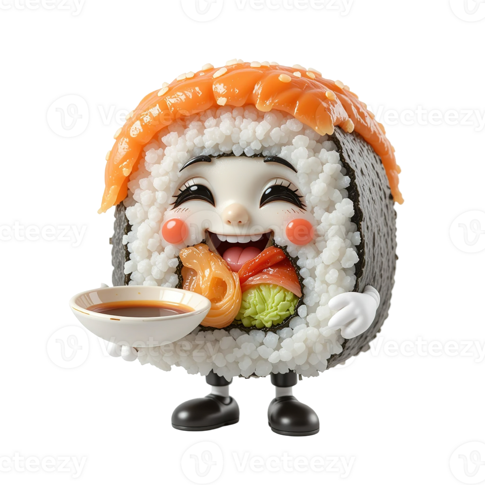 Happy Sushi Character Serving Soy Sauce Isolated on Transparent Background png