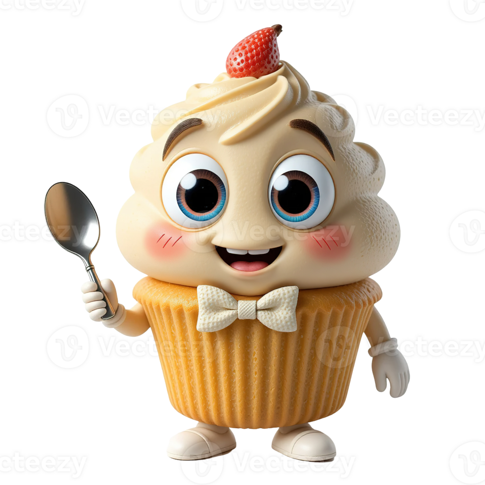 A Cute Cupcake Character Holds A Spoon, Isolated on Transparent Background png
