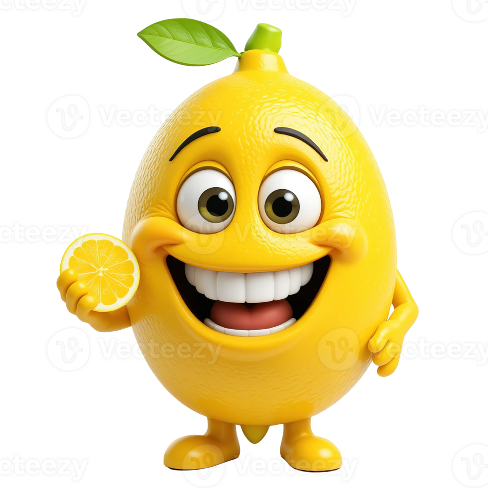 Happy Lemon Cartoon Character Holding Slice Isolated on Transparent Background png