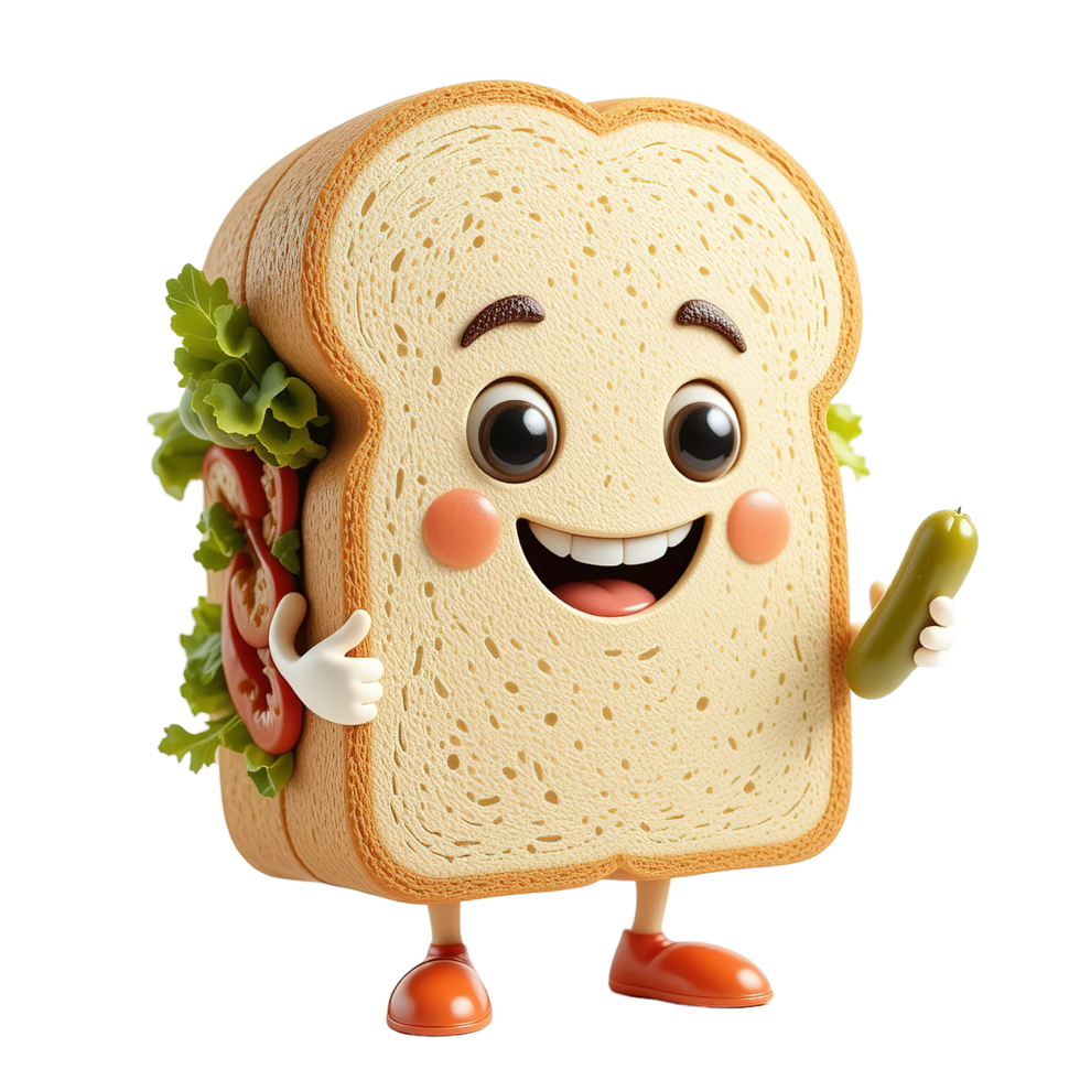 A Happy Sandwich Cartoon Character Holds A Pickle Isolated on Transparent Background png