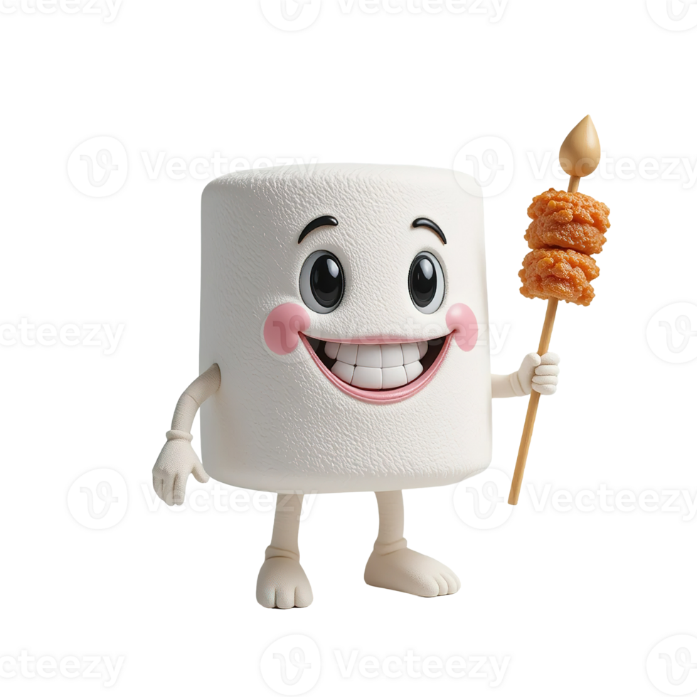 Happy Marshmallow Character Holding Fried Food Skewer Isolated on Transparent Background png