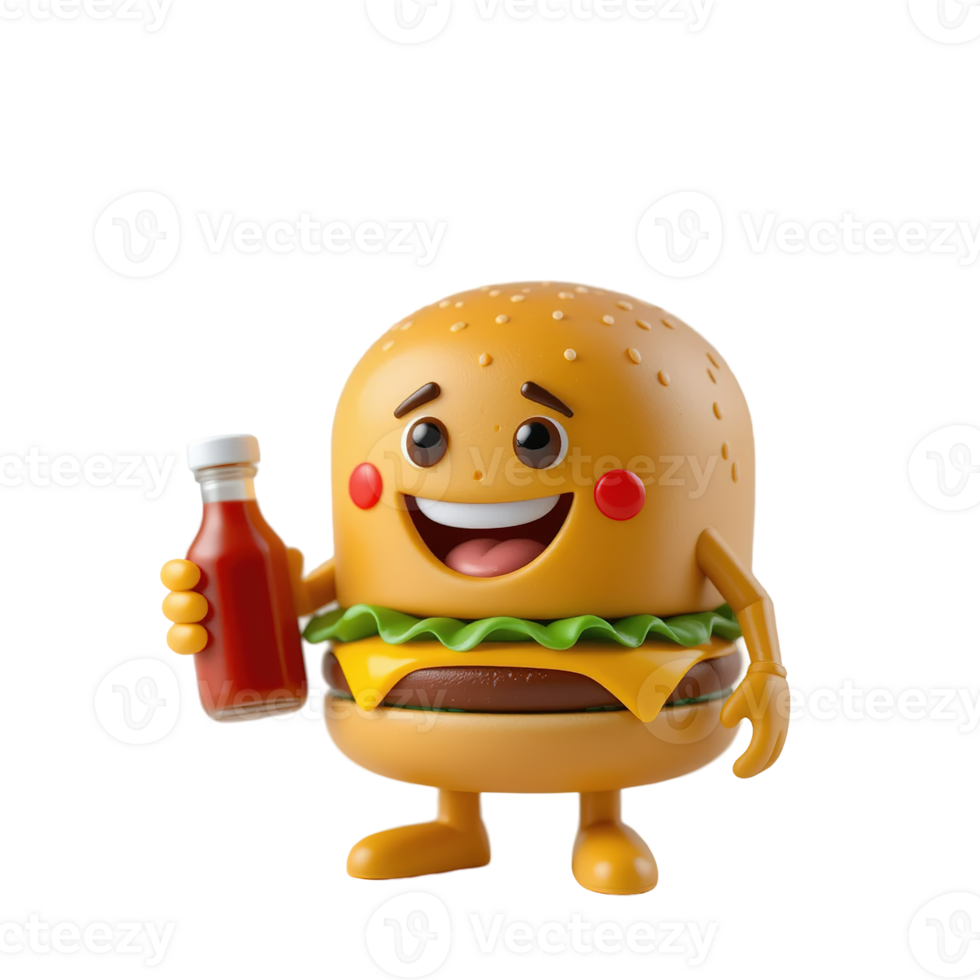 Happy Burger Character Holding Ketchup Bottle Isolated on Transparent Background png