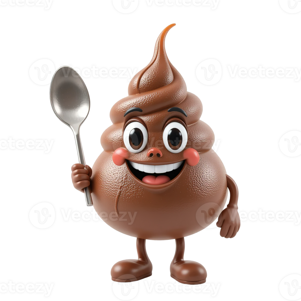 Happy Poop Emoji Character Holding Spoon Isolated on Transparent Background png