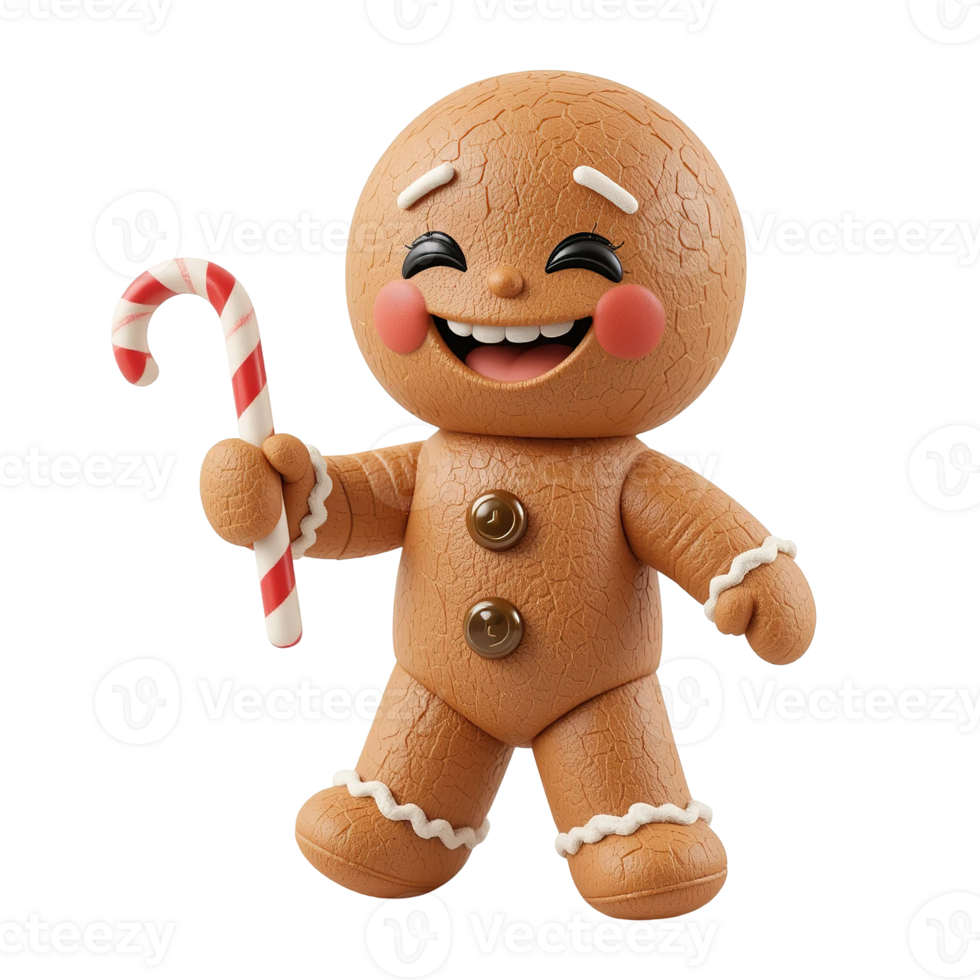 Happy Gingerbread Man Holding Candy Cane Isolated on Transparent Background png