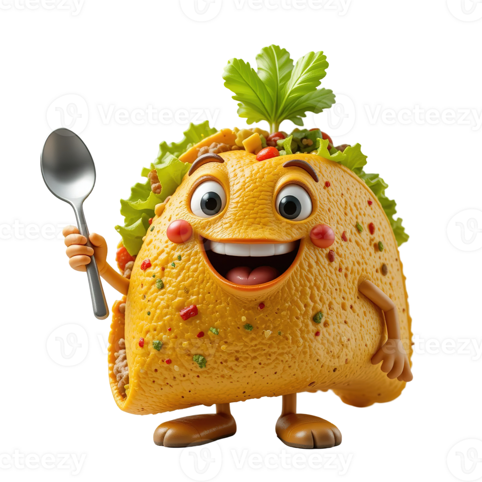 Happy Taco Character Holding a Spoon Isolated on Transparent Background png