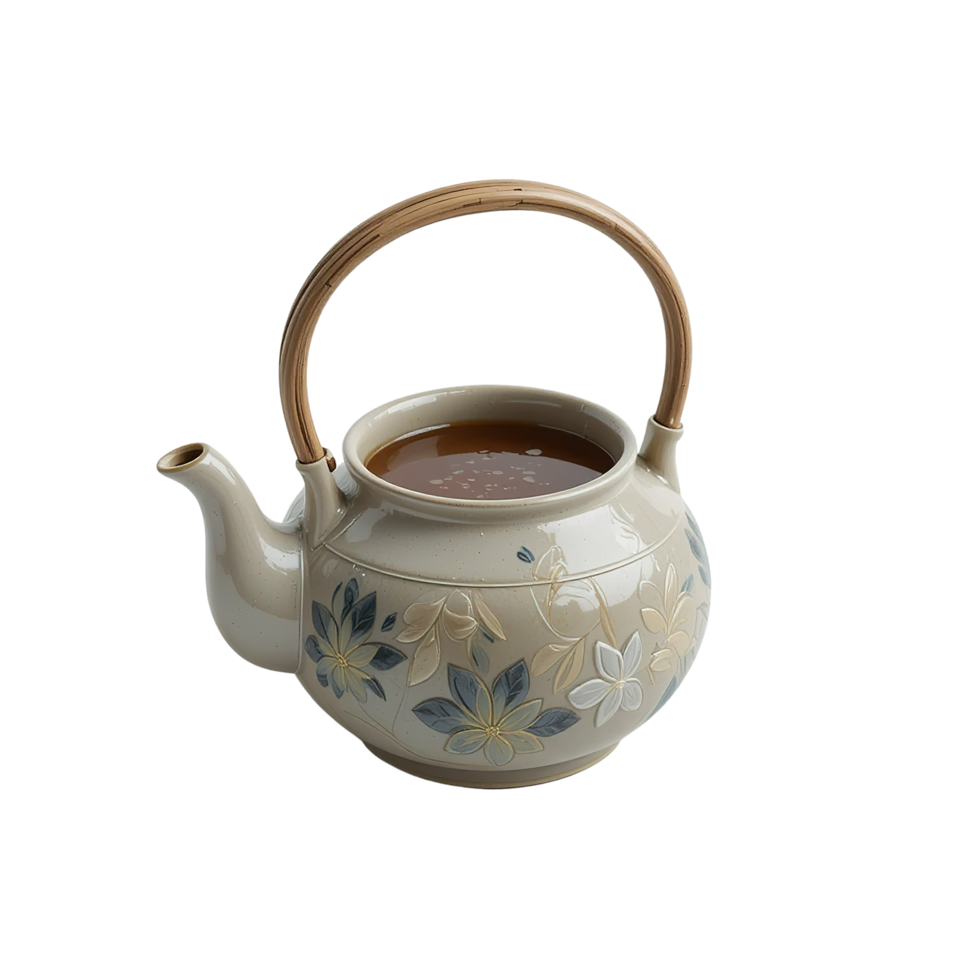 Floral Decorated Teapot Filled With Brown Liquid png
