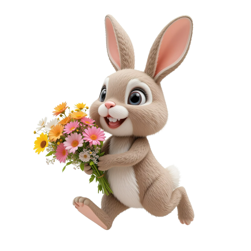 Happy Bunny Rabbit Hopping with Spring Flowers png