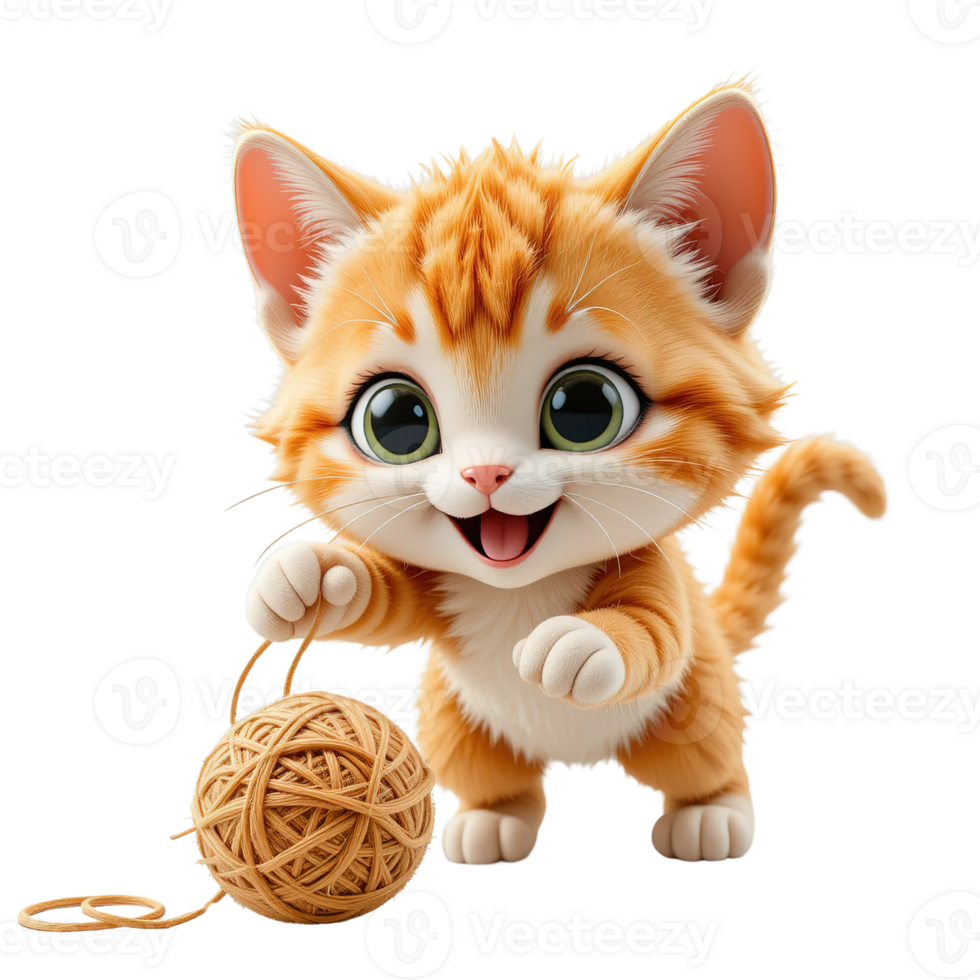 Adorable Orange Kitten Playing with Yarn Ball, Isolated on Transparent Background png