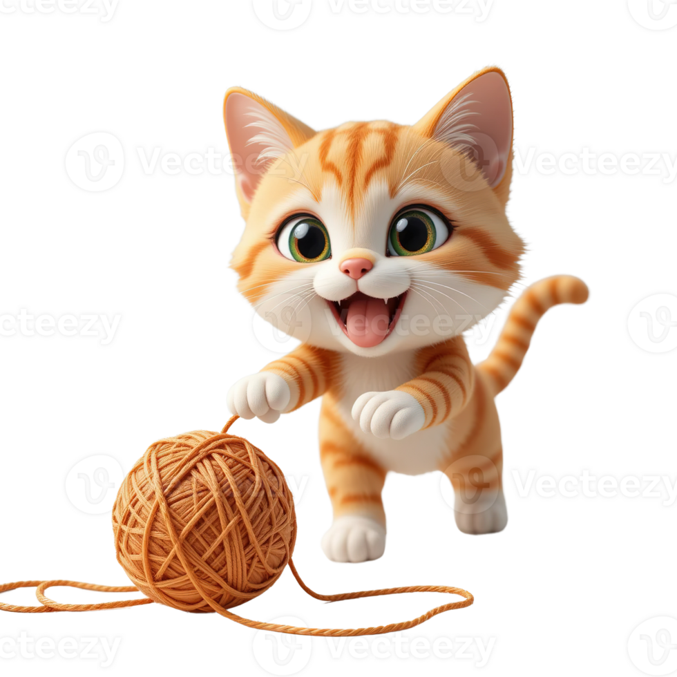 Adorable Orange Kitten Playing With Yarn Ball Isolated on Transparent Background png