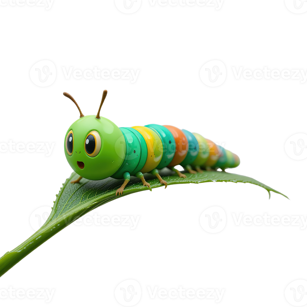 A cheerful cartoon caterpillar crawls on a green leaf png