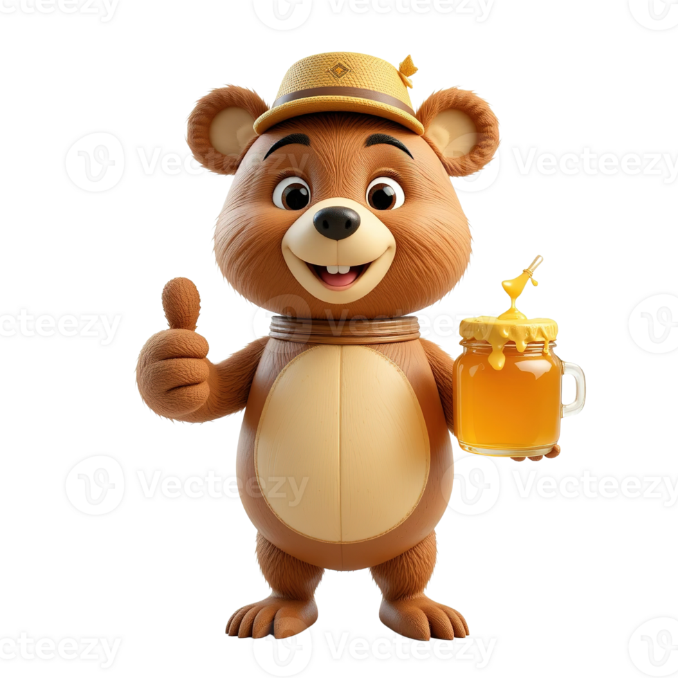 Happy Bear in Hat Holding Honey Jar Gives Thumbs Up png