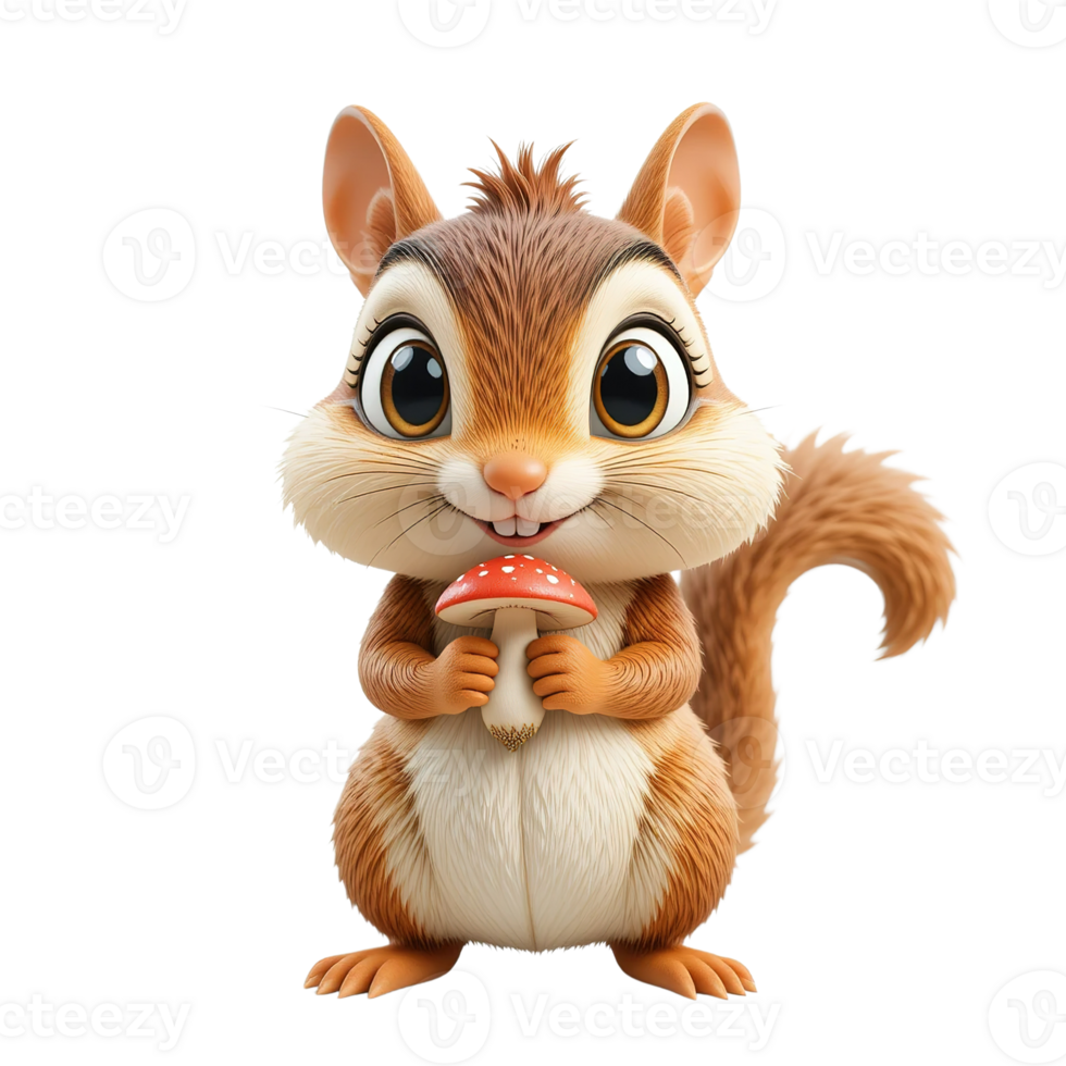 Adorable Cartoon Chipmunk Holding a Mushroom Isolated on Transparent Bakcground png
