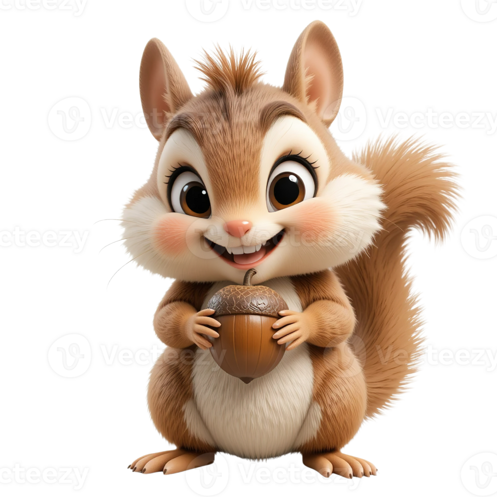 Adorable Cartoon Squirrel Holding An Acorn Isolated on Transparent Bakcground png