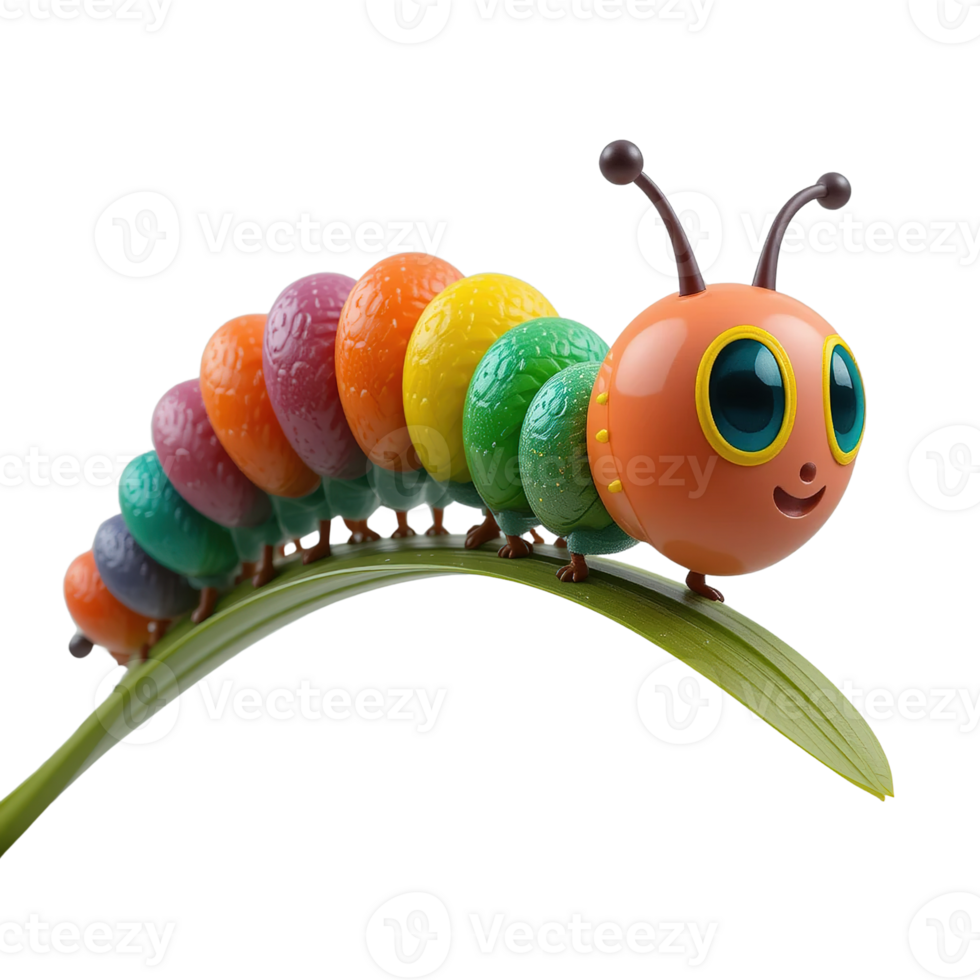 A Colorful Cartoon Caterpillar Crawls A Green Leaf png