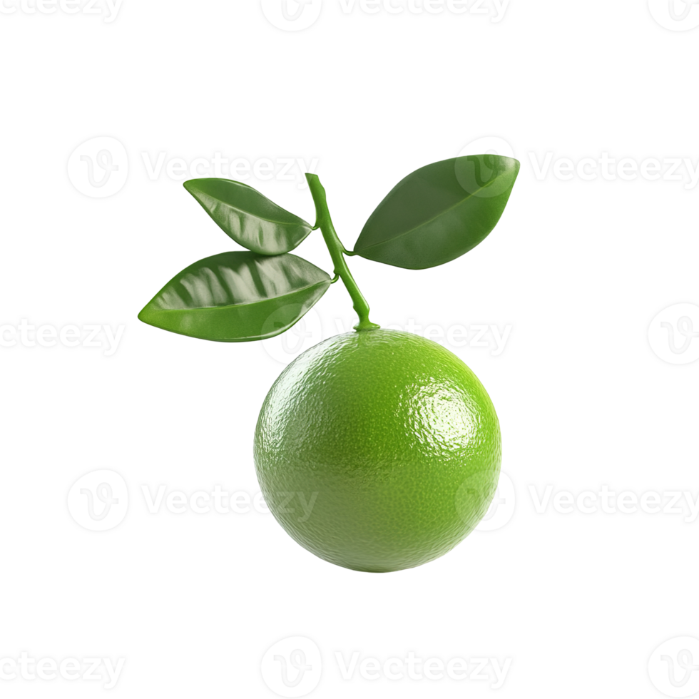 A single vibrant green citrus fruit with three attached leaves png