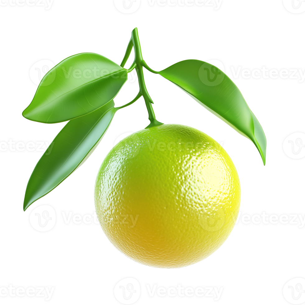 A fresh lime fruit with green leaves on a stem png
