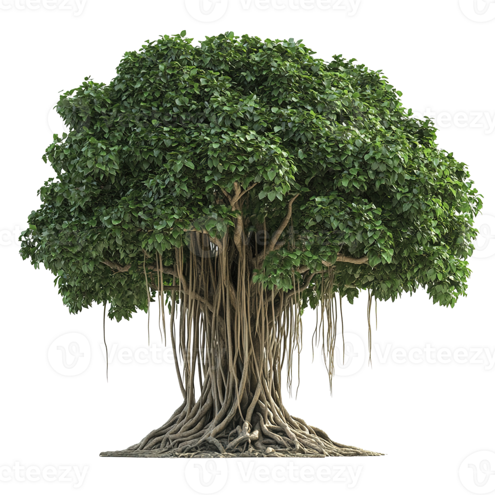 A large tree with dense green leaves and aerial roots png