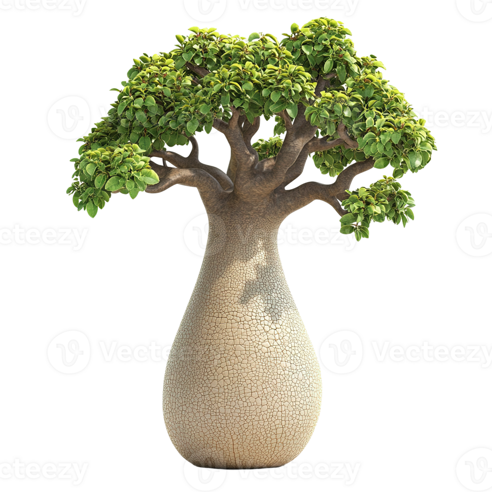A large tree with bulbous trunk and vibrant green leaves png