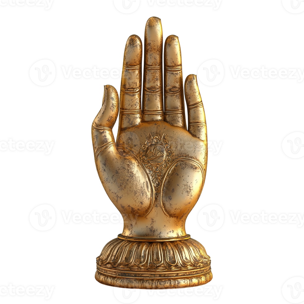 An ornate golden statue depicting an open hand with intricate detailing isolated on transparent background. png