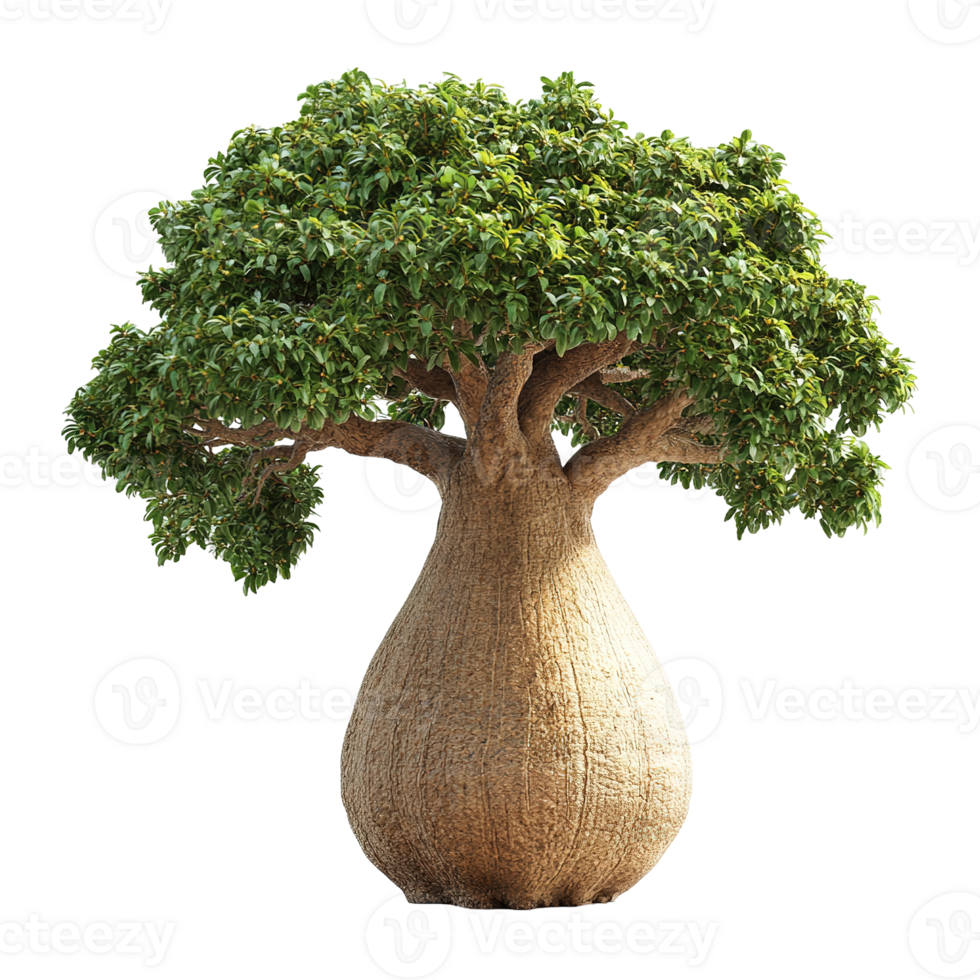 A unique tree with a large bulbous trunk and green leaves png