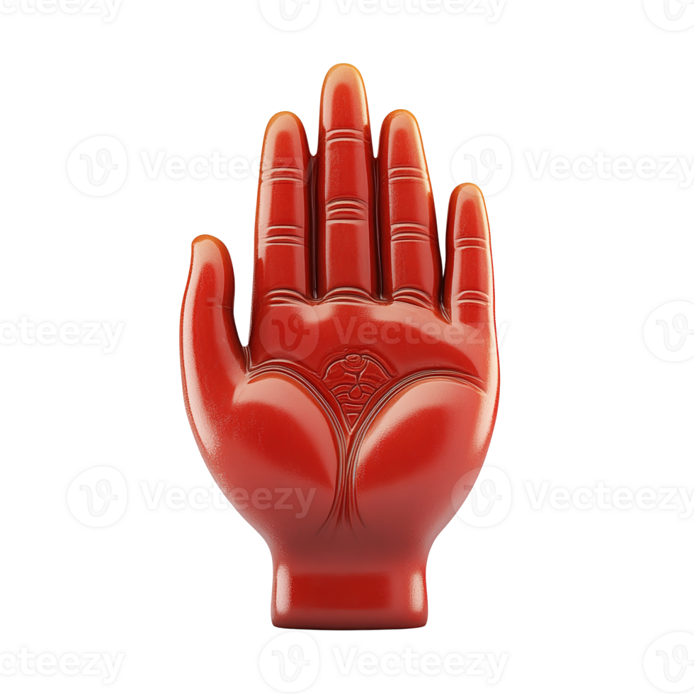 Red colored sculpture of an open hand displayed in a studio isolated on transparent background. png