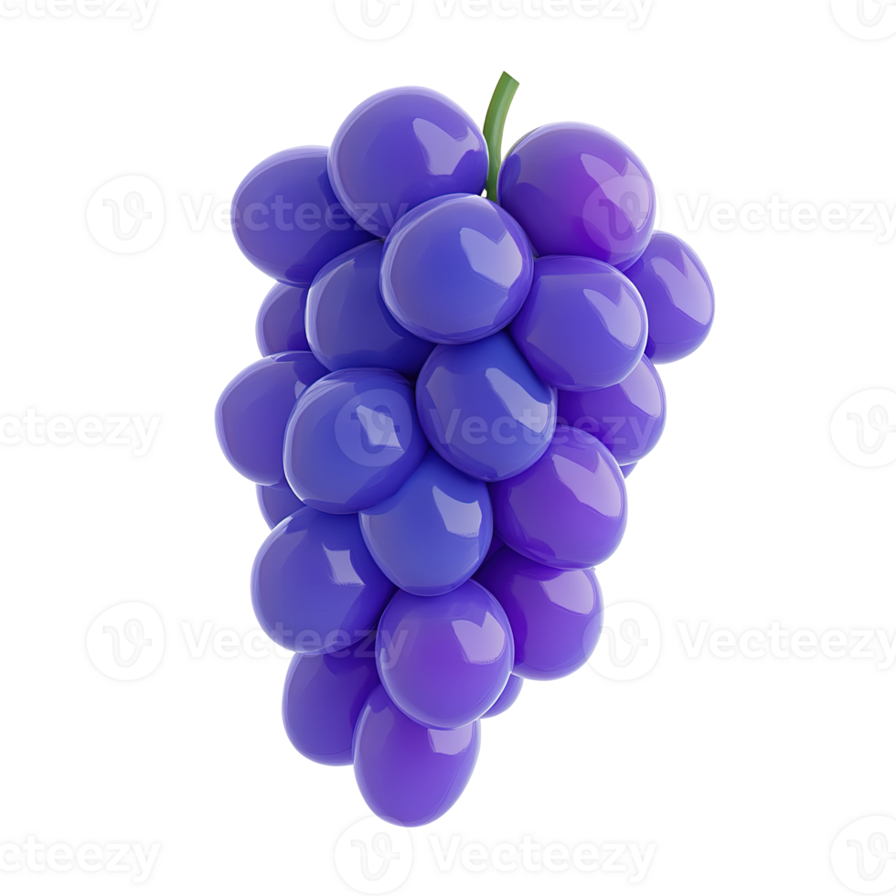 A cluster of purple grapes with green stem in digital rendering png
