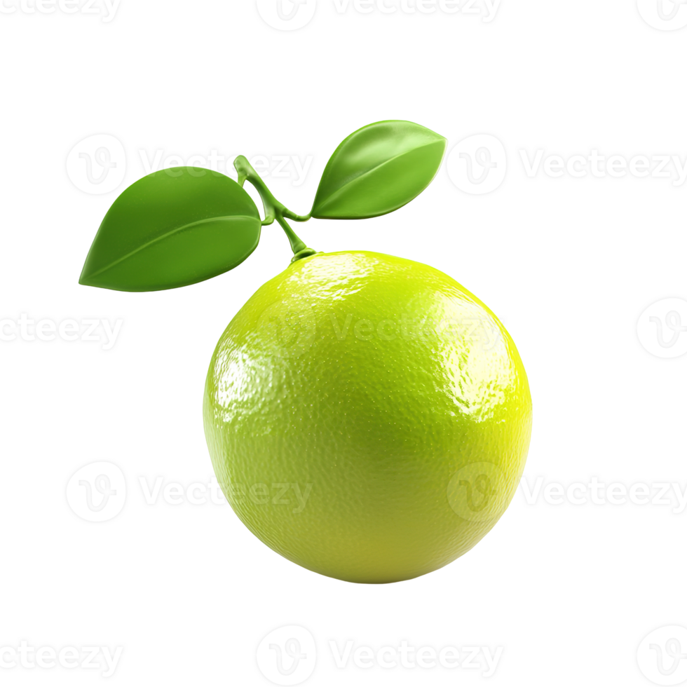 A single green lime fruit with two green leaves attached png